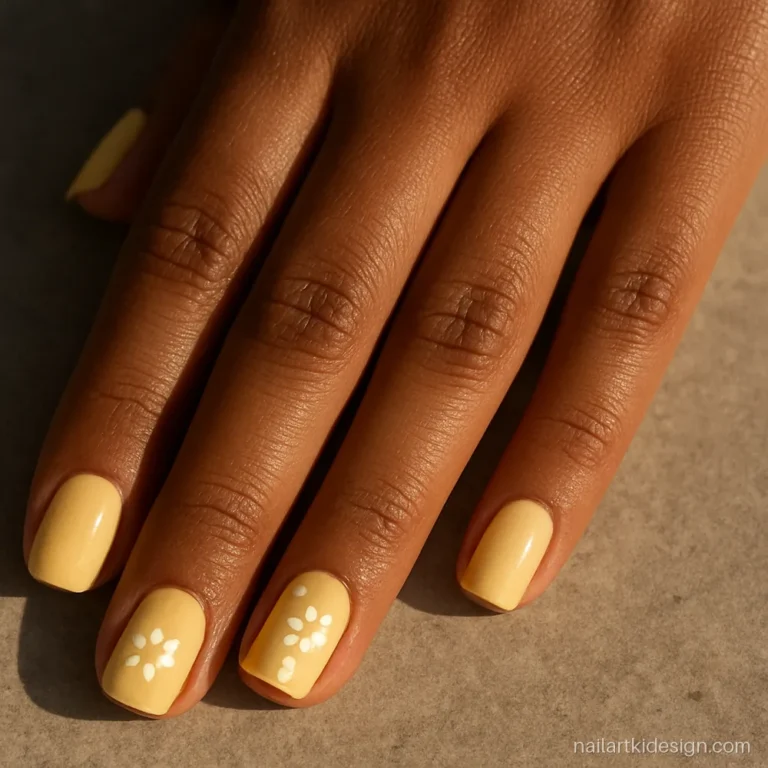 Yellow acrylic nail art with small white daisies on short square nails