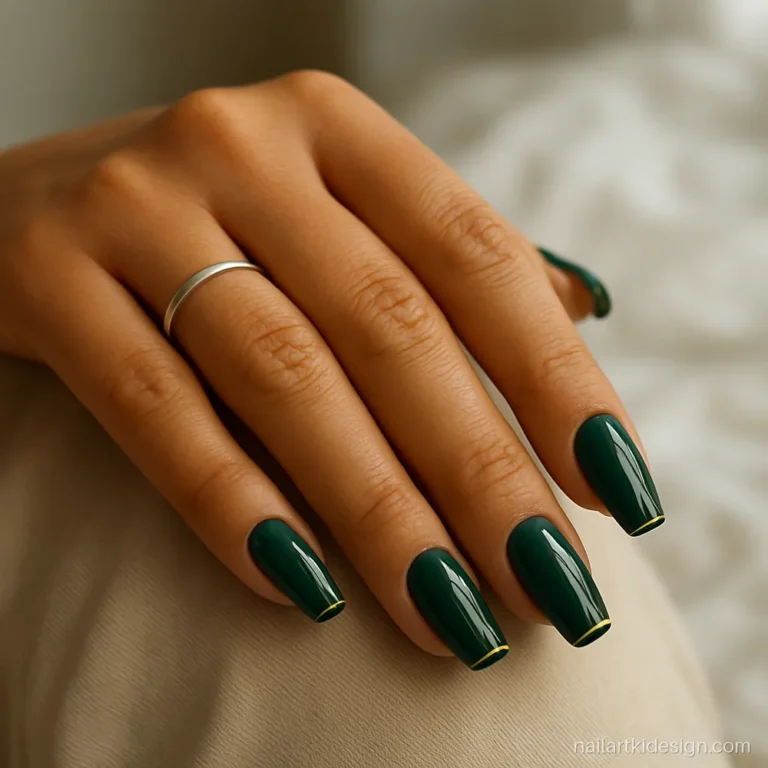 Emerald green acrylic nails with a thin gold stripe on medium coffin nails