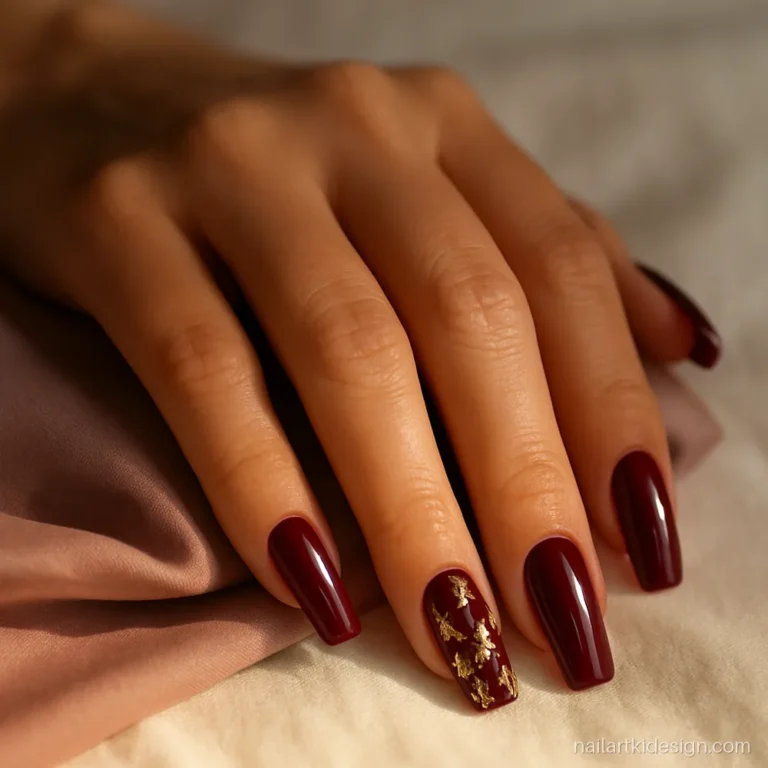 Long coffin acrylic nail art in wine red with gold foil flakes