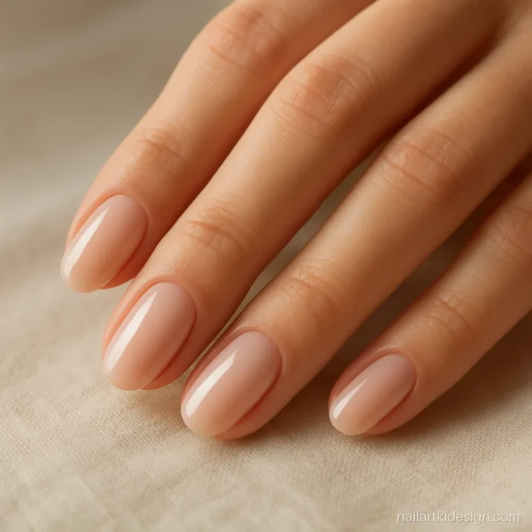 Natural acrylic nails with a milky nude overlay on short oval nails