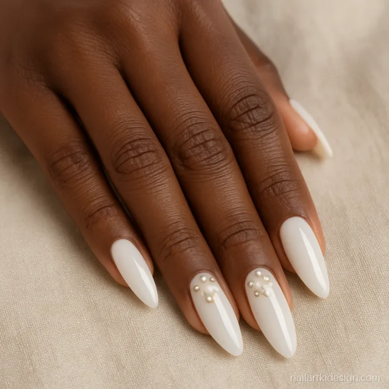 Acrylic nails with small pearls and jewels on a milky white almond base
