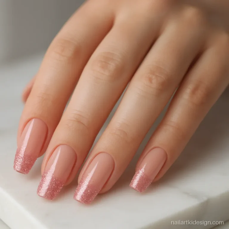 Pink glitter acrylic nails fading from a nude cuticle to a sparkly tip