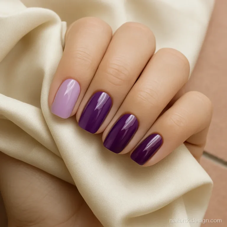 Purple acrylics in a lavender to plum gradient across five fingers