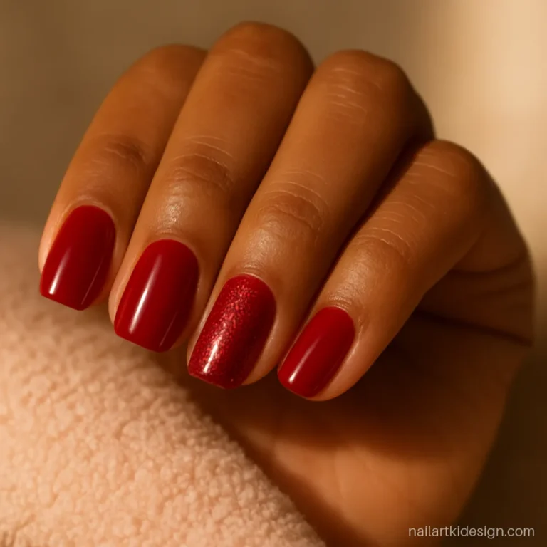 Red acrylic nails with red glitter accent nails for festivals and weddings