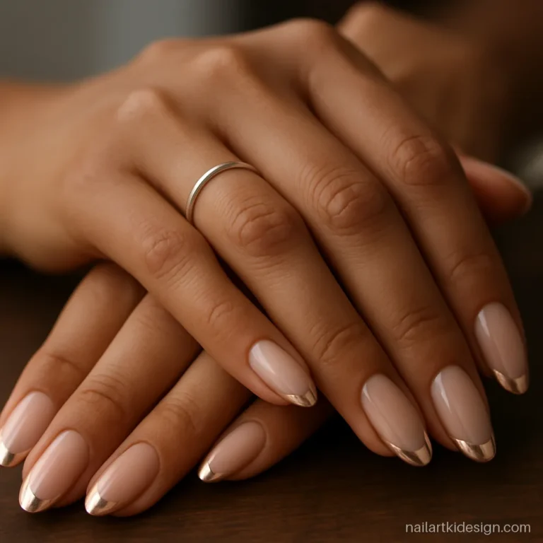 Rose gold chrome French tips on nude acrylic almond nails for weddings