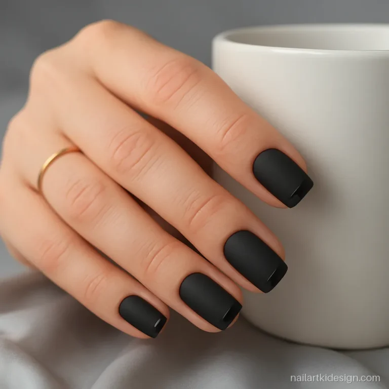 Short black acrylic nail designs with a matte base and glossy tips