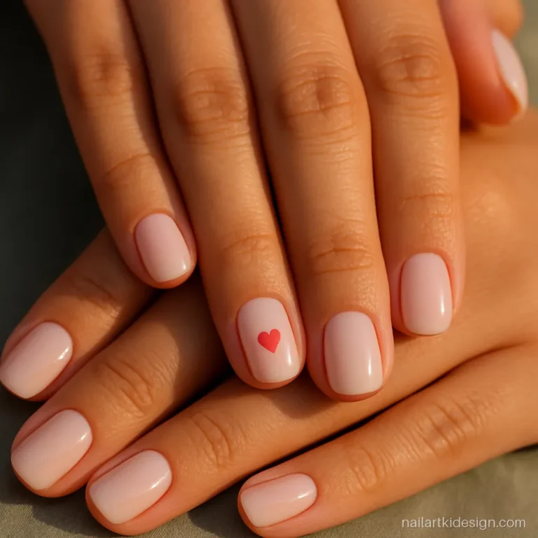 Short acrylic nail ideas with a milky pink base and one small red heart
