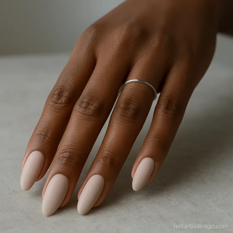 Soft beige matte acrylic nail ideas on medium almond nails for office wear