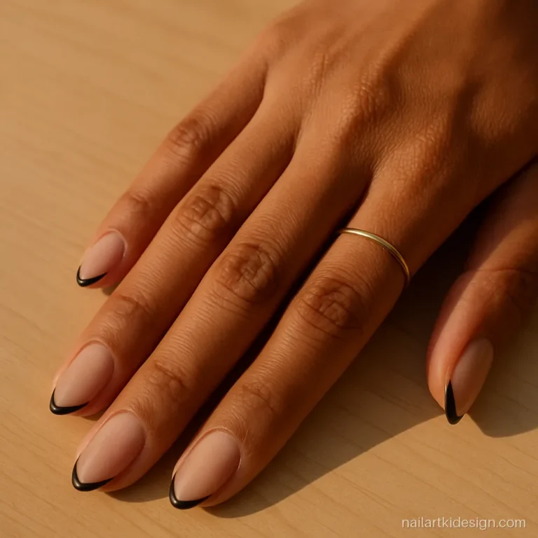 Black French tips over a nude base on medium almond nails