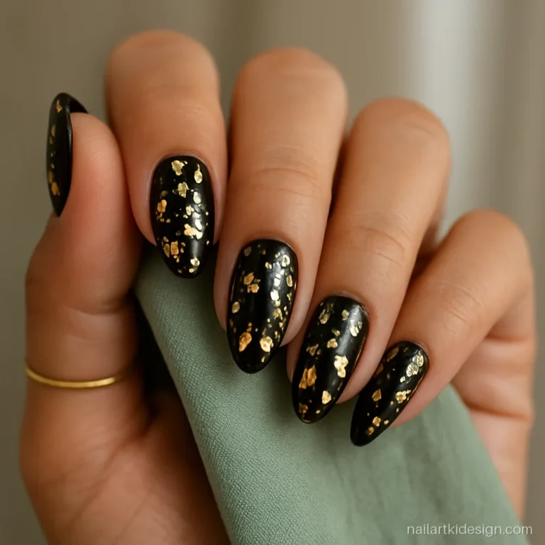 Black and gold nails with gold foil flakes on long almond nails