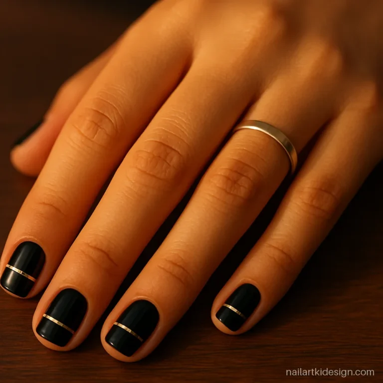 Black and gold nail art with one thin gold stripe on short square nails