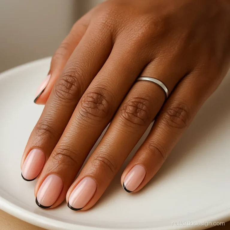 Micro black French tips on short oval nails for a clean look