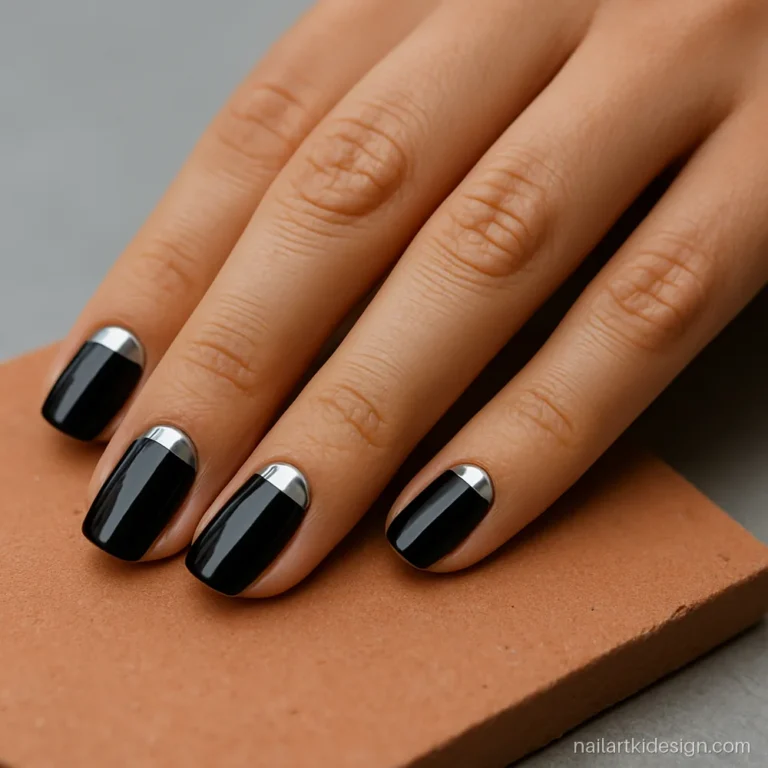 Black nails with a silver chrome half moon at the cuticle