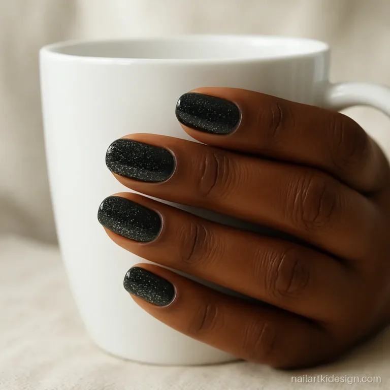 Black and silver nails with a silver glitter gradient at the tips