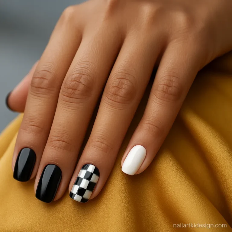 Black and white nail designs with a checkerboard on two accent nails
