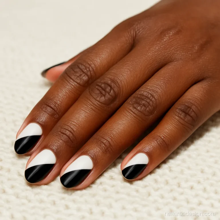 Black and white nail art with each nail split diagonally in half