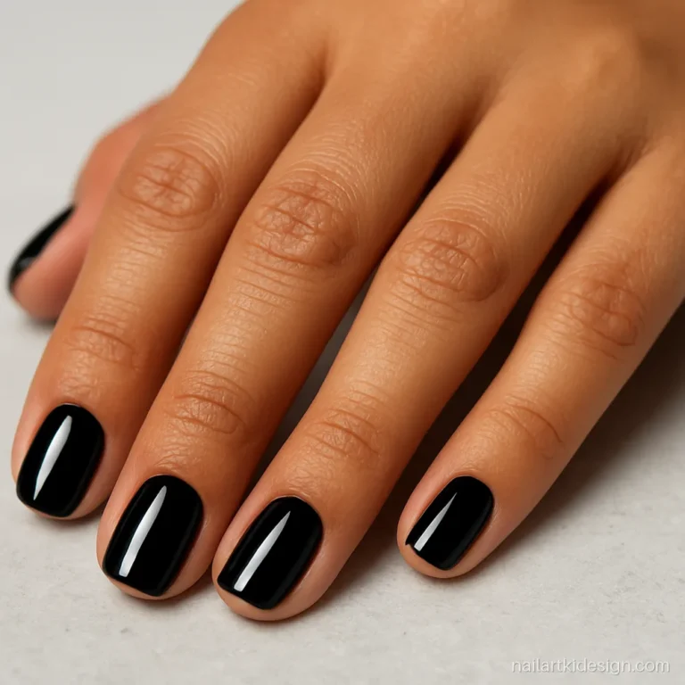 Glossy black nails on short square nails with a wet shine finish