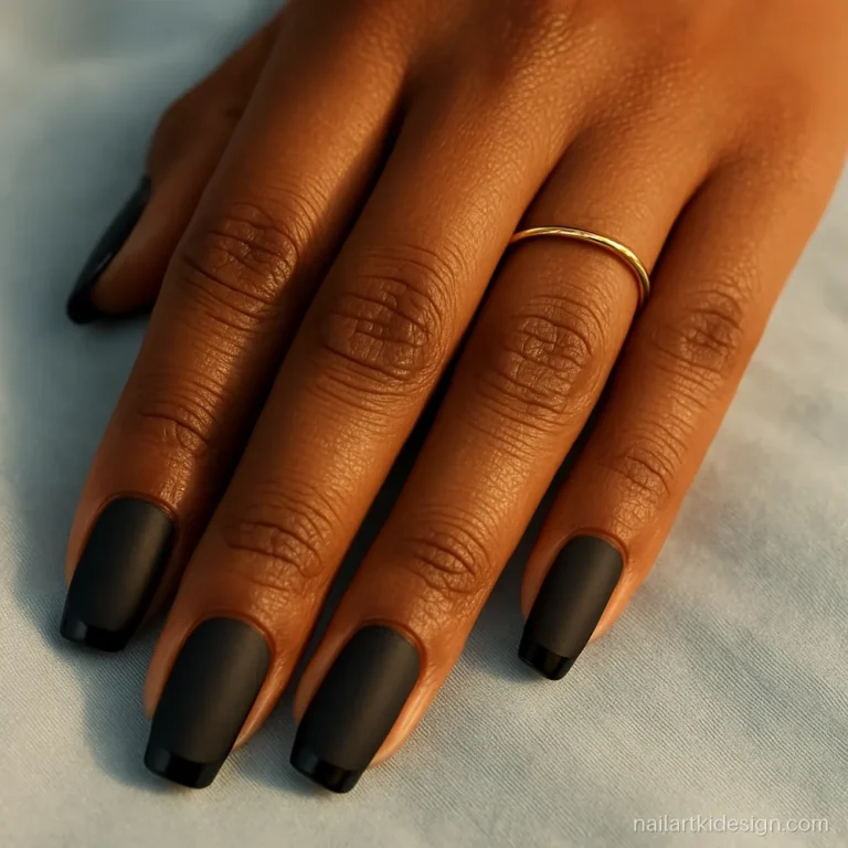 Matte black nail designs with glossy black tips on coffin nails