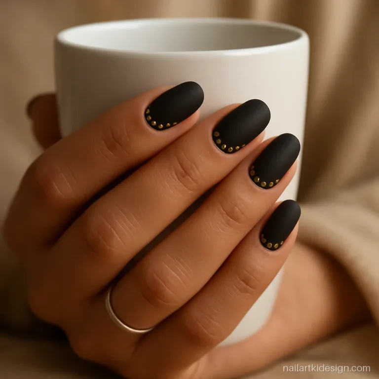 Matte black nail art with gold dots along the cuticle on almond nails