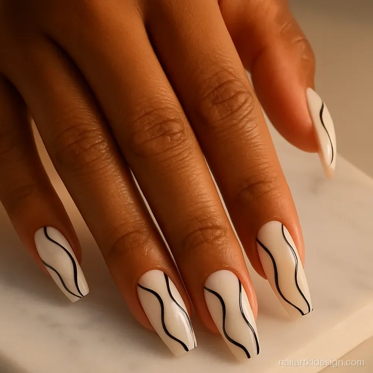White nails with fine black abstract line art drawn in single strokes