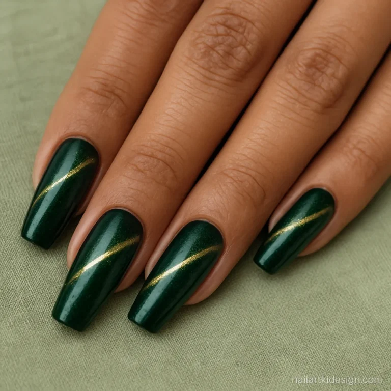Cat eye nails with a green magnetic shimmer band on long coffin nails