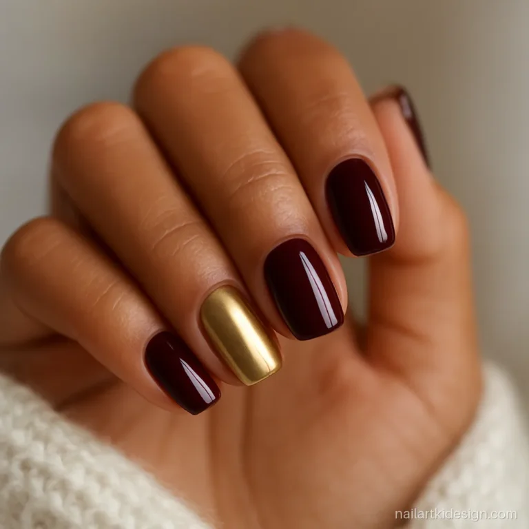 Maroon square nails with one gold chrome accent nail on the ring finger