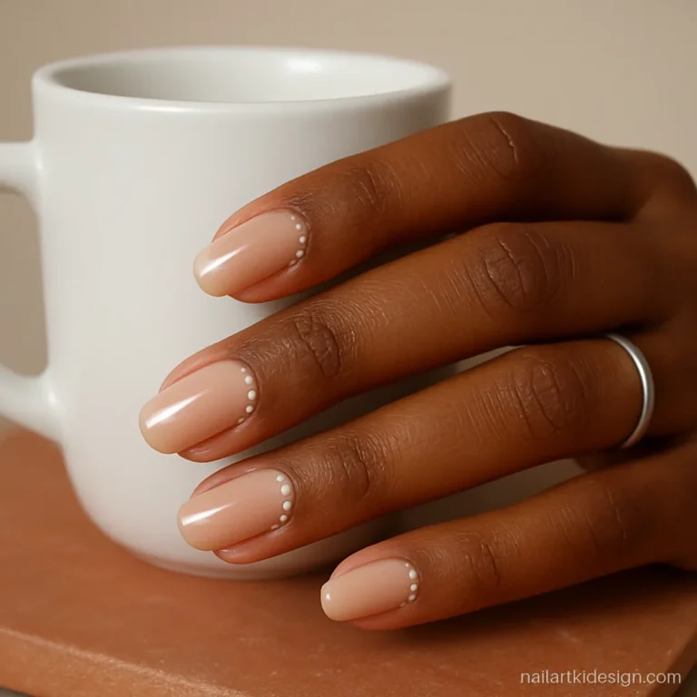Pearl nail art with tiny flat pearls along the cuticle on nude almond nails
