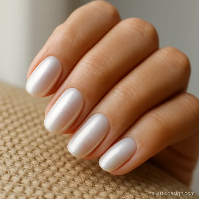 Pearl nails with a soft white pearl nail polish finish on oval nails