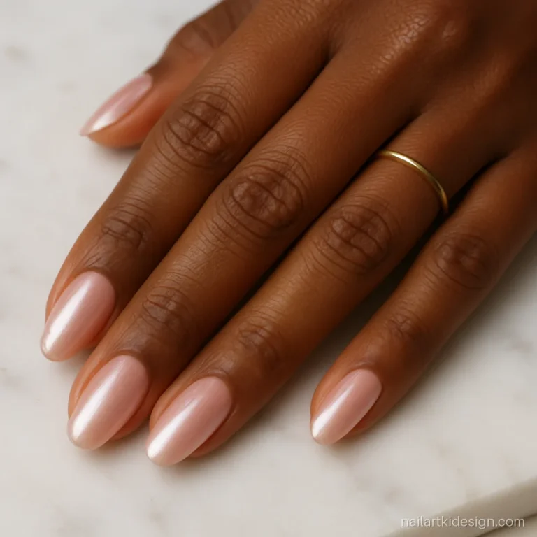 Pink chrome nails with a glazed pearly shine on medium almond nails