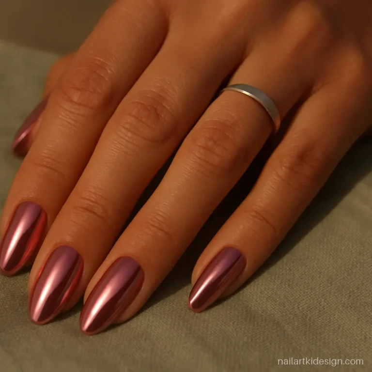 Rose gold chrome nails with a warm pink metal shine on almond nails