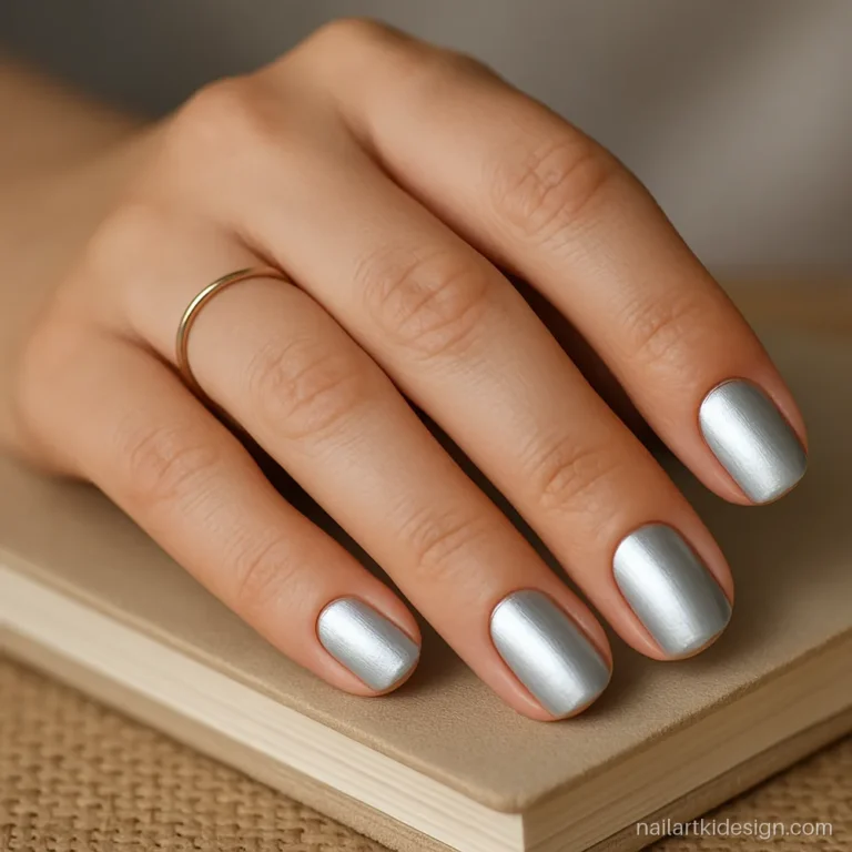 Short square silver chrome nails with a soft brushed metal look