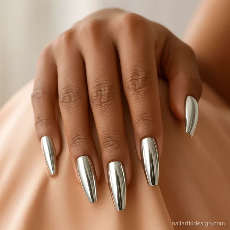 Silver chrome nails with a full liquid metal finish on long coffin nails