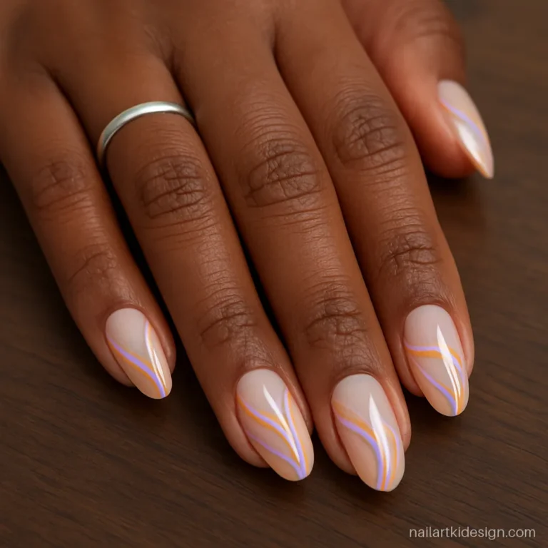 Aesthetic nail art with thin pastel swirl lines on nude almond nails