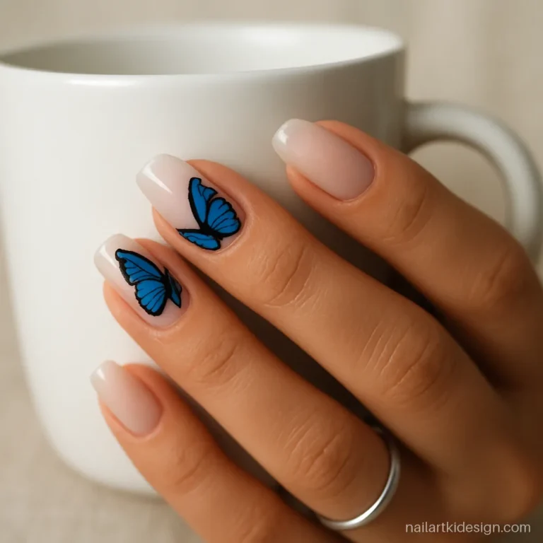 Butterfly nail art with blue painted wings on a clear glossy base