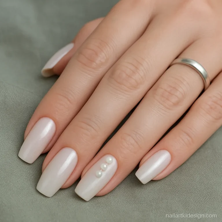 Milky white coffin nails with a pearl chrome finish and tiny pearls