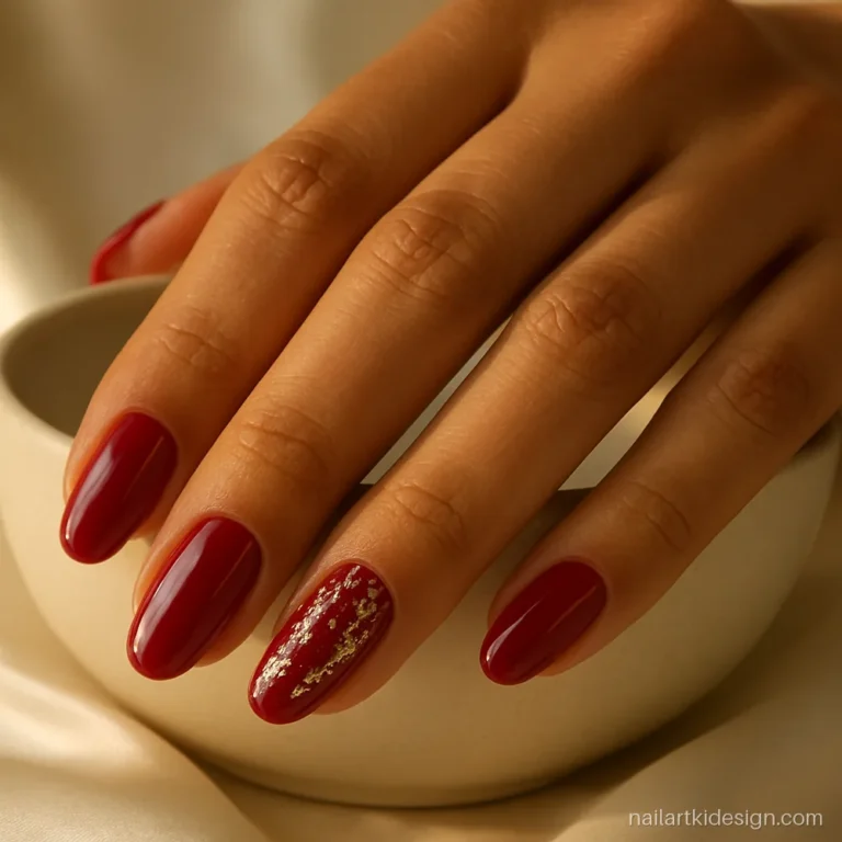 Classy red nail designs with gold foil flakes on the ring finger
