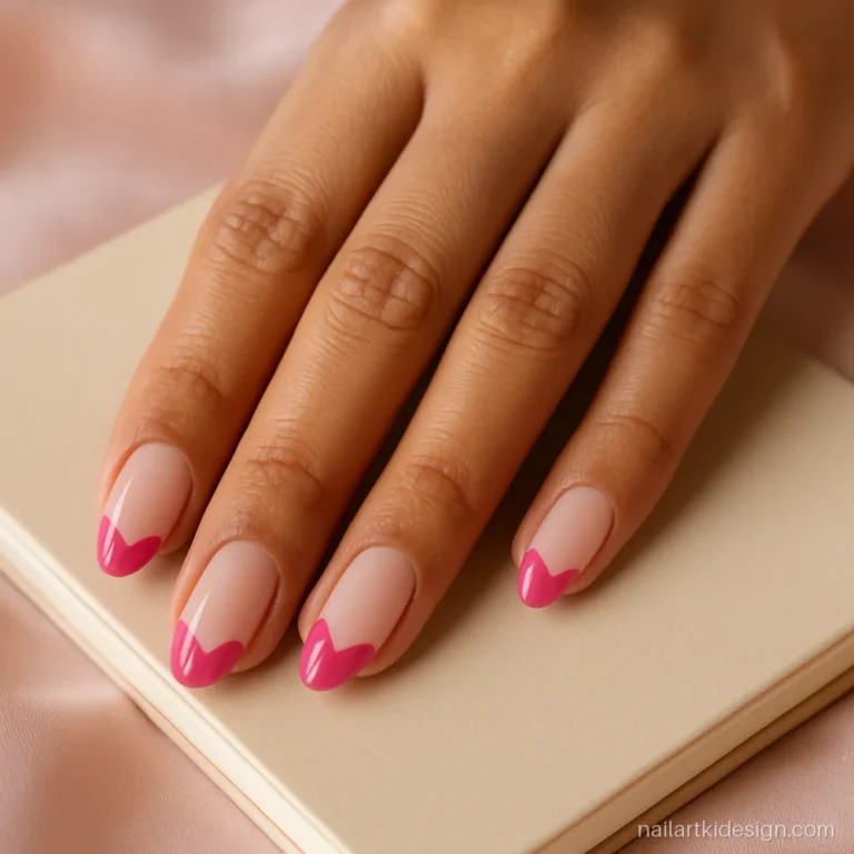 Pink heart shaped French tips on sheer nude almond nails