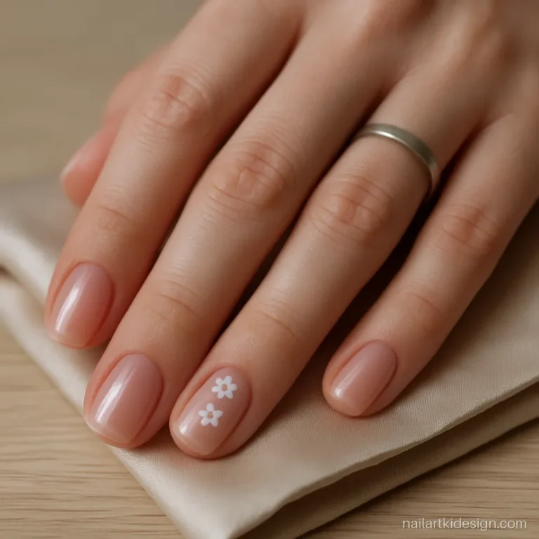 Blush jelly nails with tiny white flowers painted on two nails