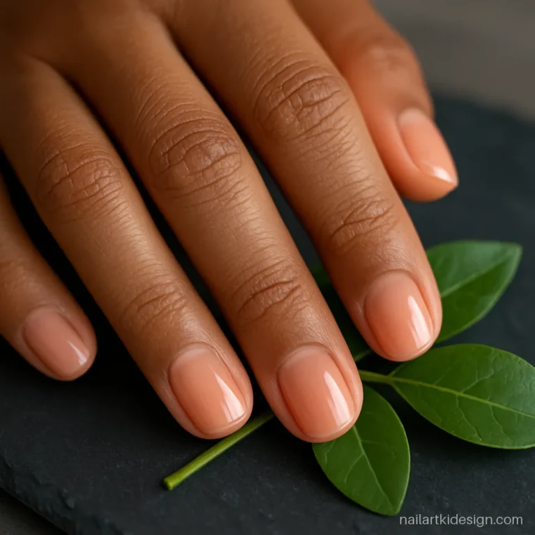 Sheer peach jelly nails with a glassy glossy finish on short nails