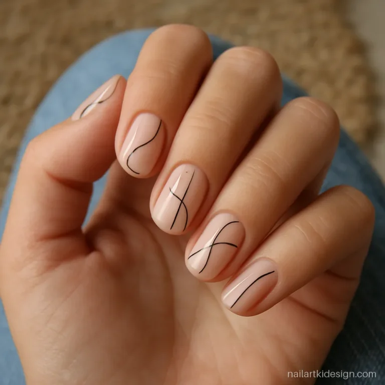 Minimalist line nail art with fine black lines on sheer pink