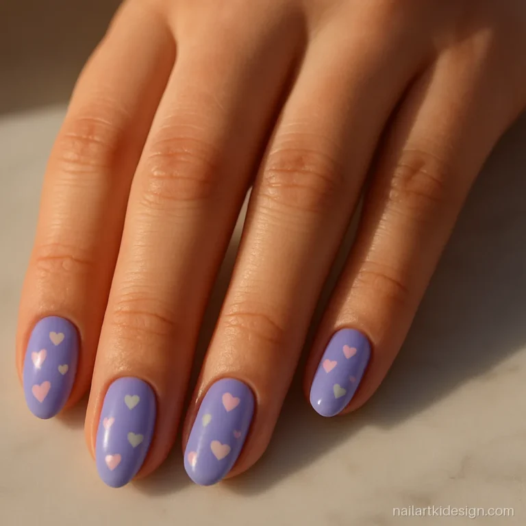 Lilac nails with scattered white and pink mini hearts on every nail