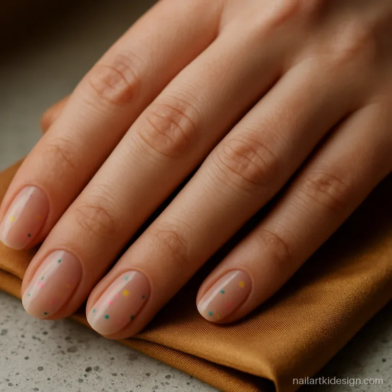 Nude nails with colourful mini dots in pink, yellow and blue