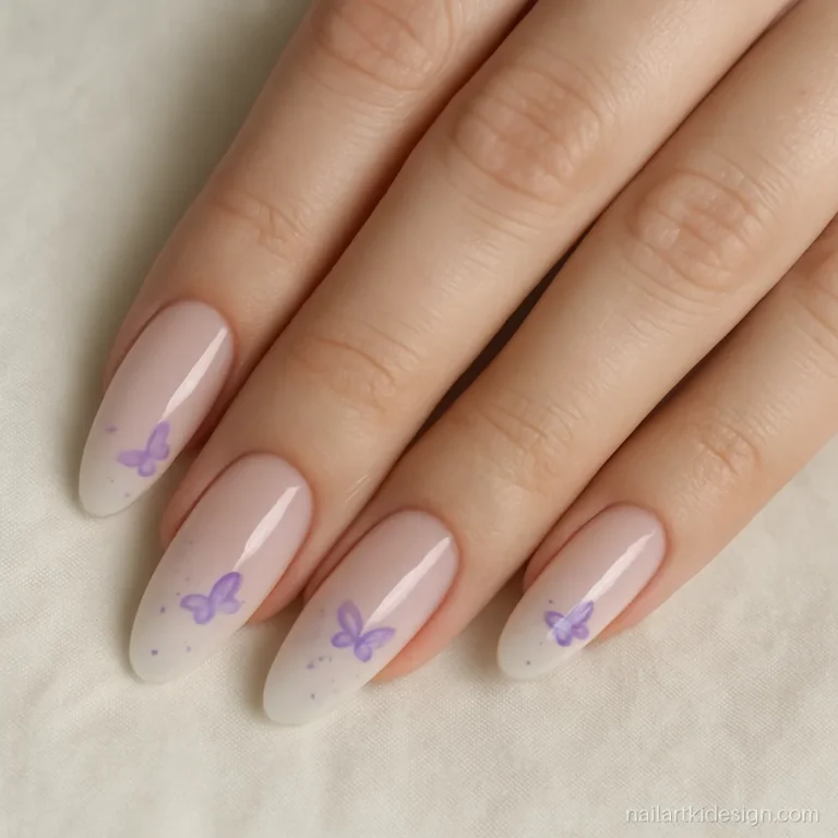 Pastel pink gradient nails with soft purple butterflies near the tips