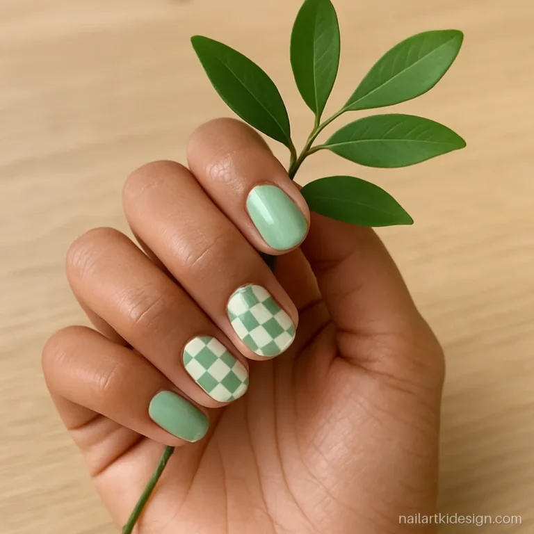 Mint and cream checkerboard cute nails on medium squoval nails