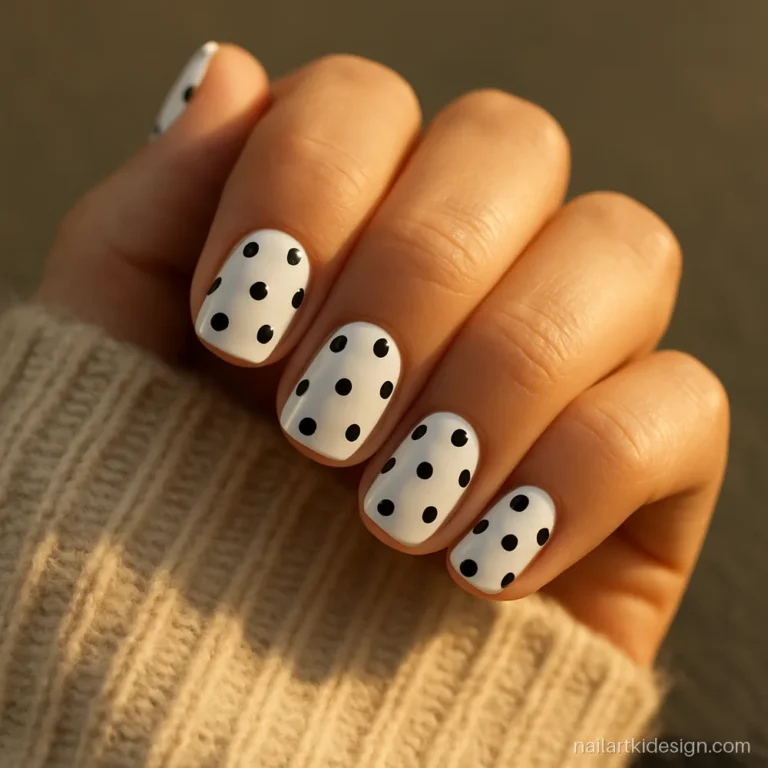 Black and white polka dot nails on short square nails