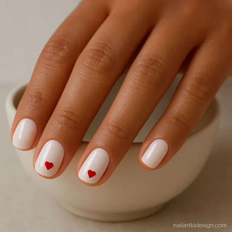 Cute nail art with tiny red hearts on milky white short nails