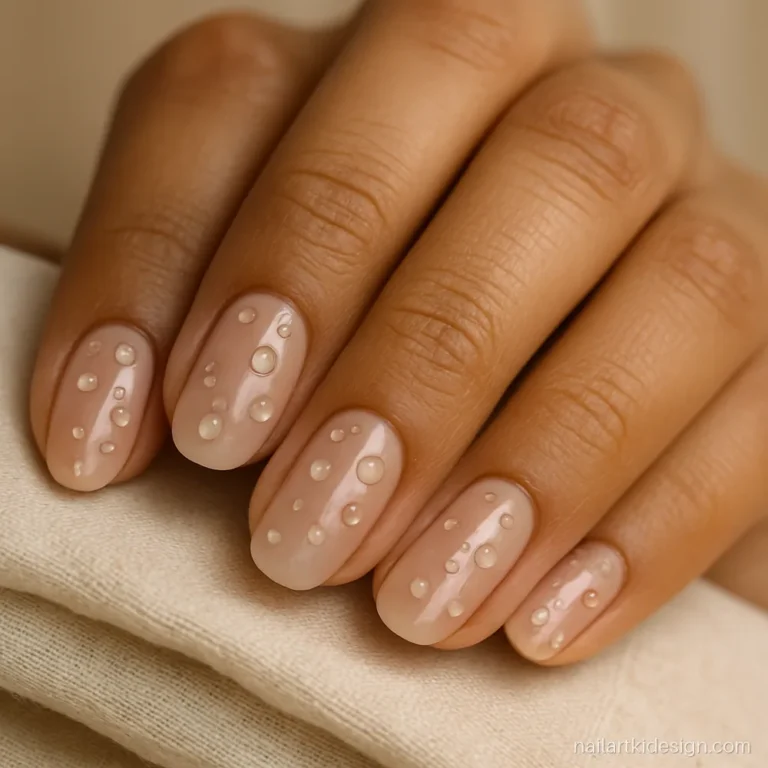 Trendy nail art with clear 3D water drop details on sheer nude