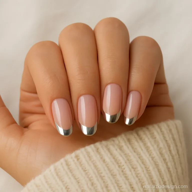 Trendy nails with silver chrome French tips on soft pink almond nails