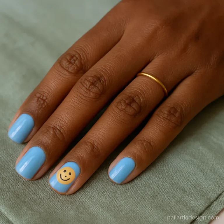 Cute nails with pastel blue base and one yellow smiley on two nails