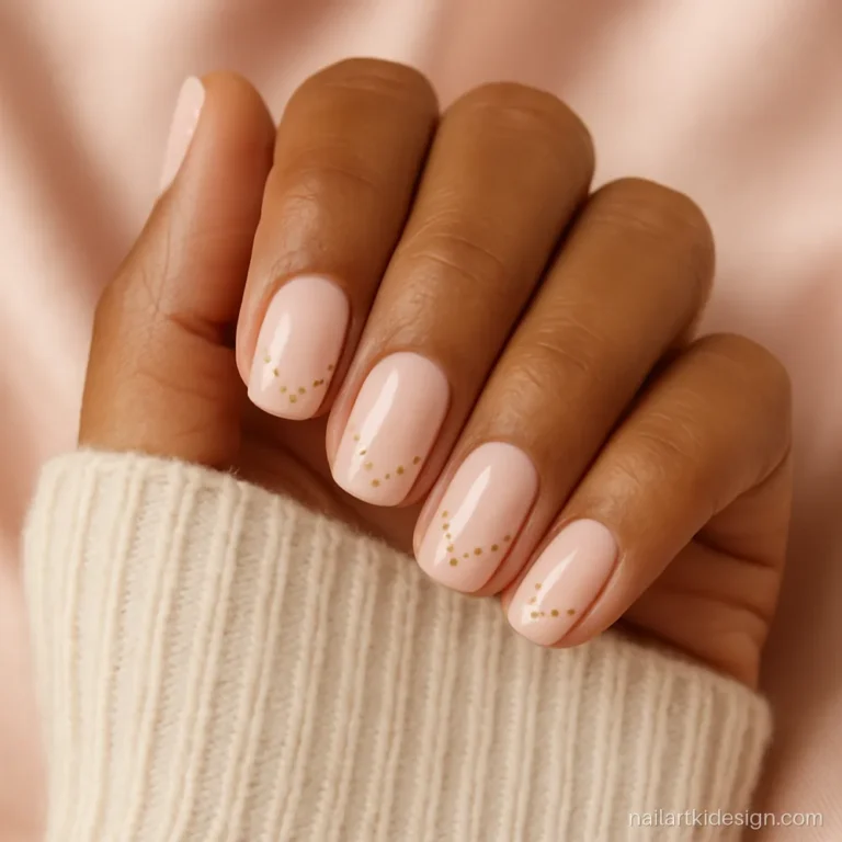 Pale pink nails with a V shaped tip made of small gold dots